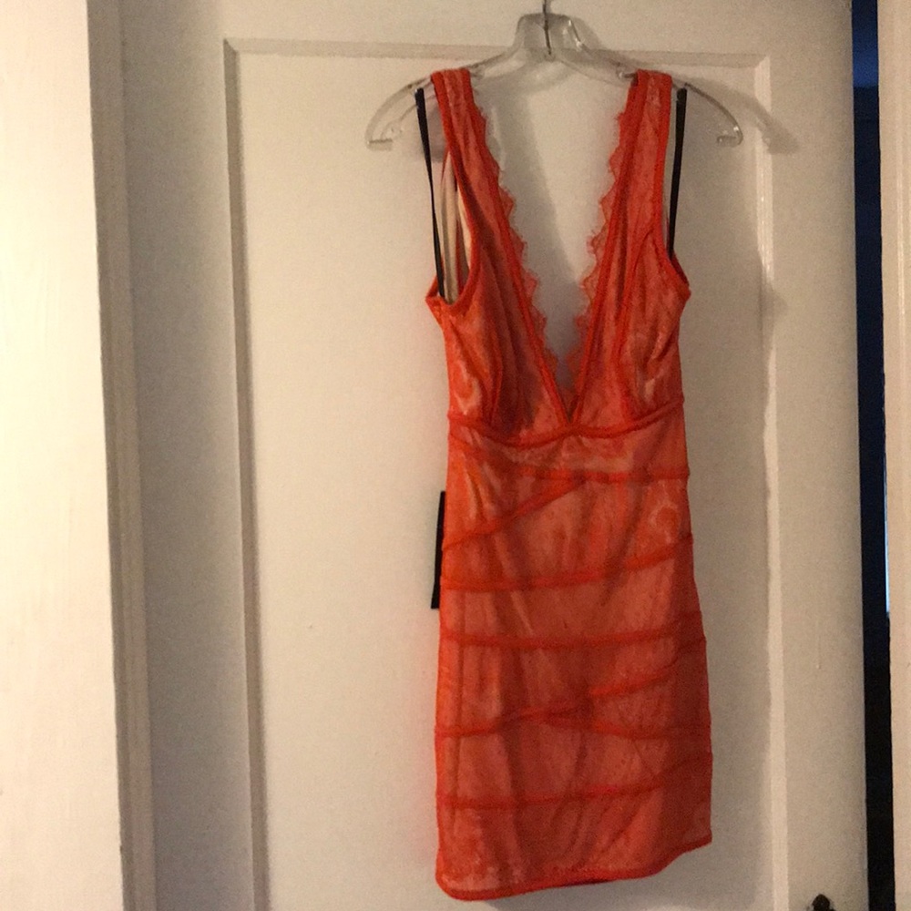 Bebe dress, coral with lace overlay.Super cute